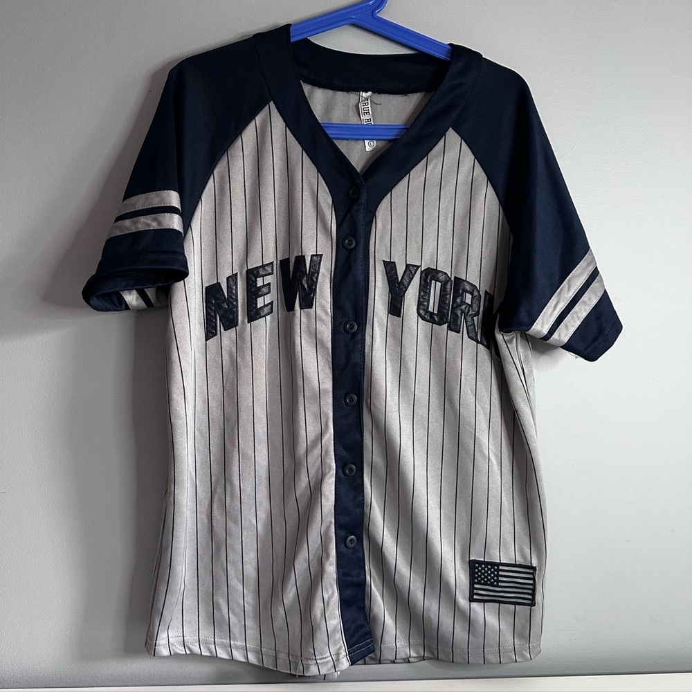 TRUE ROCK New York MLB Jersey, Grey/Blue, Sz L, Short Sleeve, Button Front, EUC